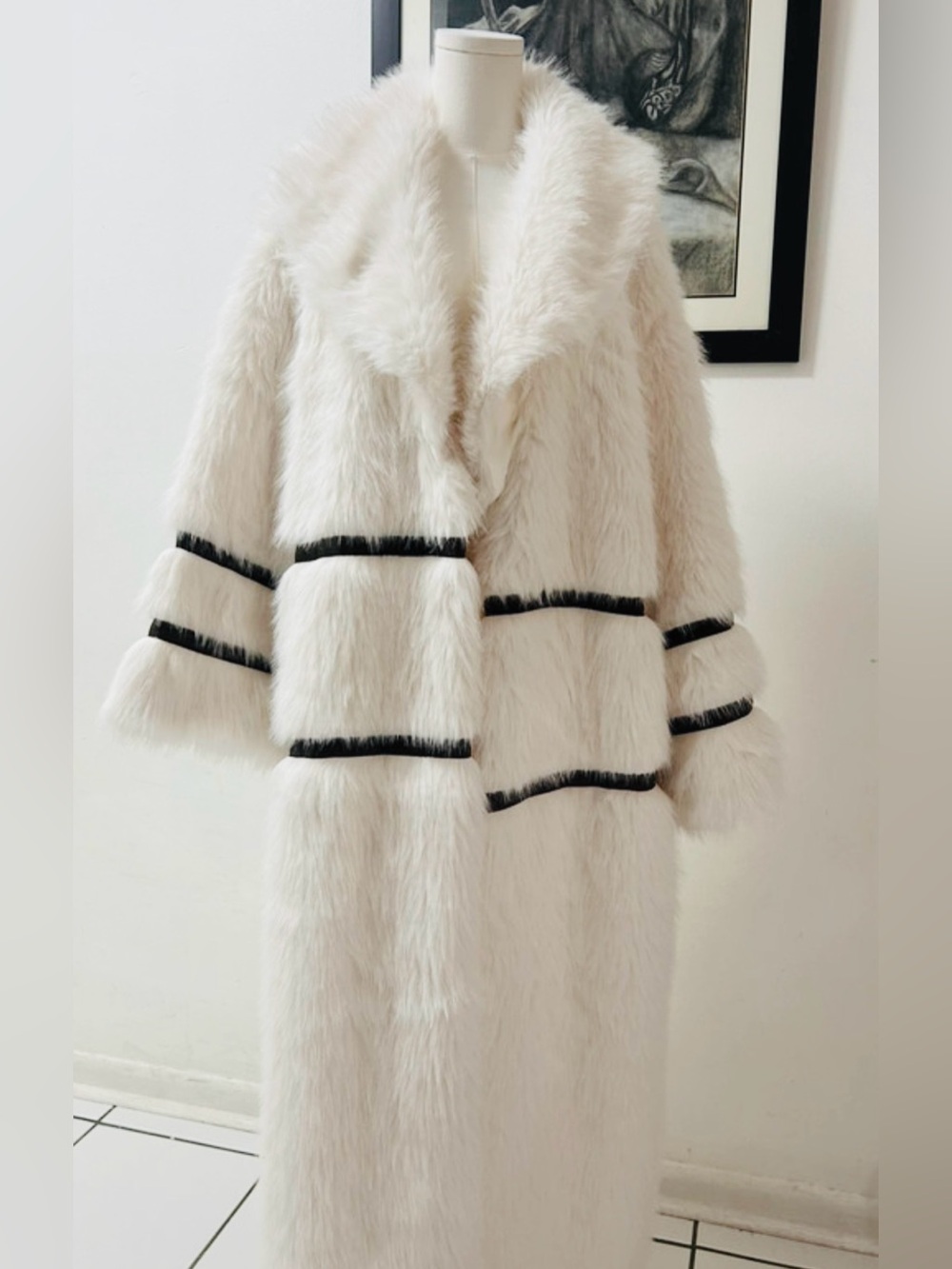 Women's Cream Faux-Fur Long Coat with Contrast Trim